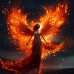 Majestic image of a girl embodying a Phoenix, surrounded by vibrant flames, flying in a mesmerizing night sky.