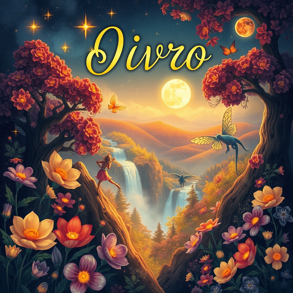 A whimsical and captivating fantasy book cover illustration featuring an ancient, enchanted forest filled with vibrant, oversized flowers and mythical creatures like fairies and friendly dragons