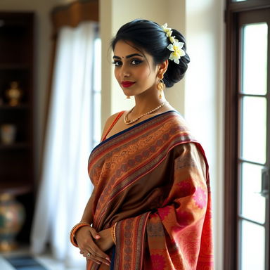 A beautiful Indian woman, gracefully draped in a traditional saree with intricate patterns and vibrant colors, wearing a stylish bra underneath that subtly complements her outfit