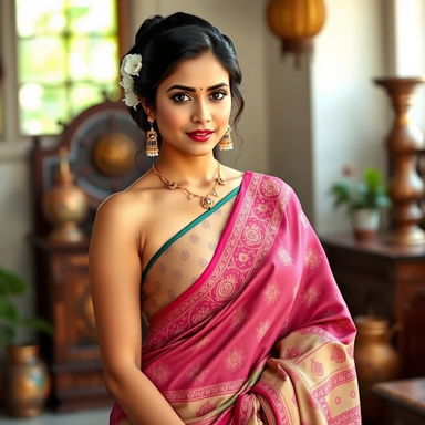 A beautiful Indian woman, gracefully draped in a traditional saree with intricate patterns and vibrant colors, wearing a stylish bra underneath that subtly complements her outfit