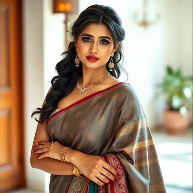 A beautiful Indian woman, gracefully draped in a traditional saree with intricate patterns and vibrant colors, wearing a stylish bra underneath that subtly complements her outfit