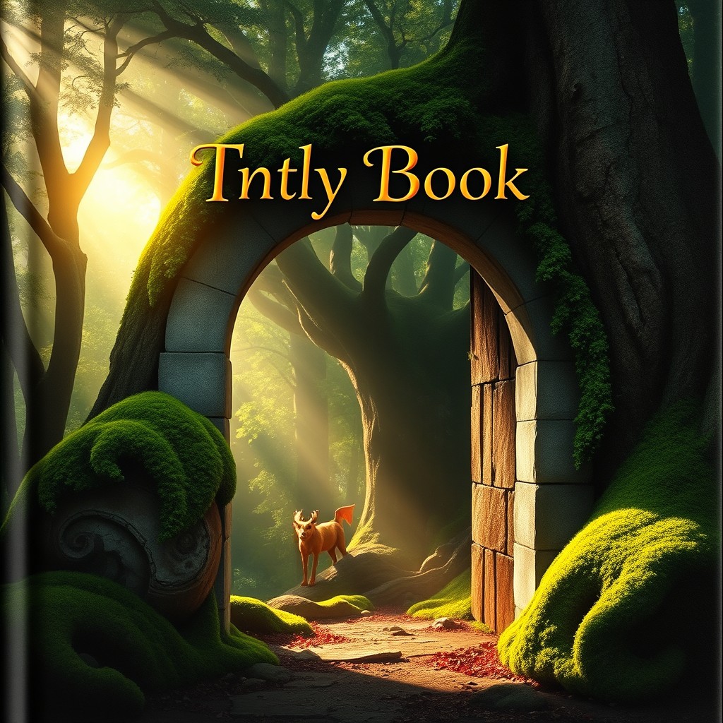 A captivating book cover design featuring a mystical forest scene, with ethereal light filtering through the trees, casting enchanting shadows