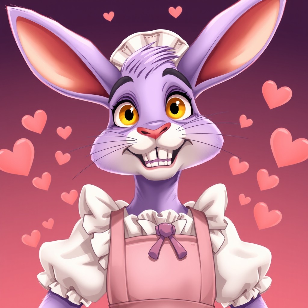 A tall, humanoid, cartoonish male rabbit with light purple fur, vivid yellow eyes, and striking yellow teeth