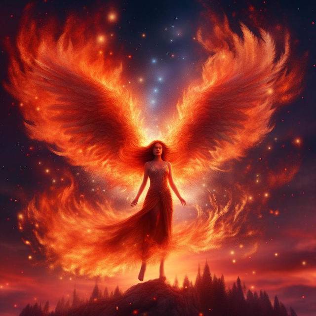 Majestic image of a girl embodying a Phoenix, surrounded by vibrant flames, flying in a mesmerizing night sky.