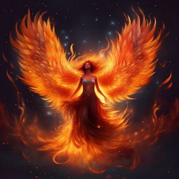 Majestic image of a girl embodying a Phoenix, surrounded by vibrant flames, flying in a mesmerizing night sky.