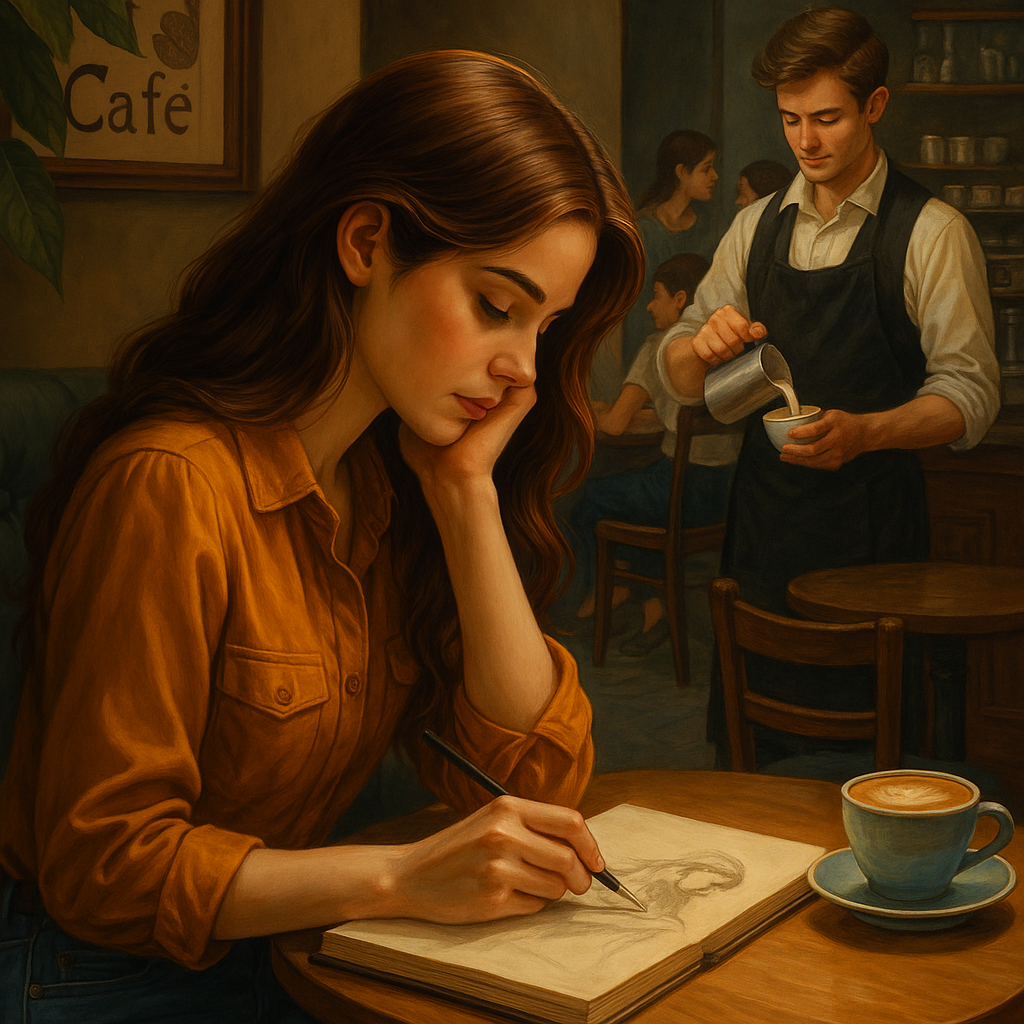produce me a complementary image for the attached to be used as a back cover. ok now introduce more of a feel for inside the cafe and include a male barista in the image as well as the current character