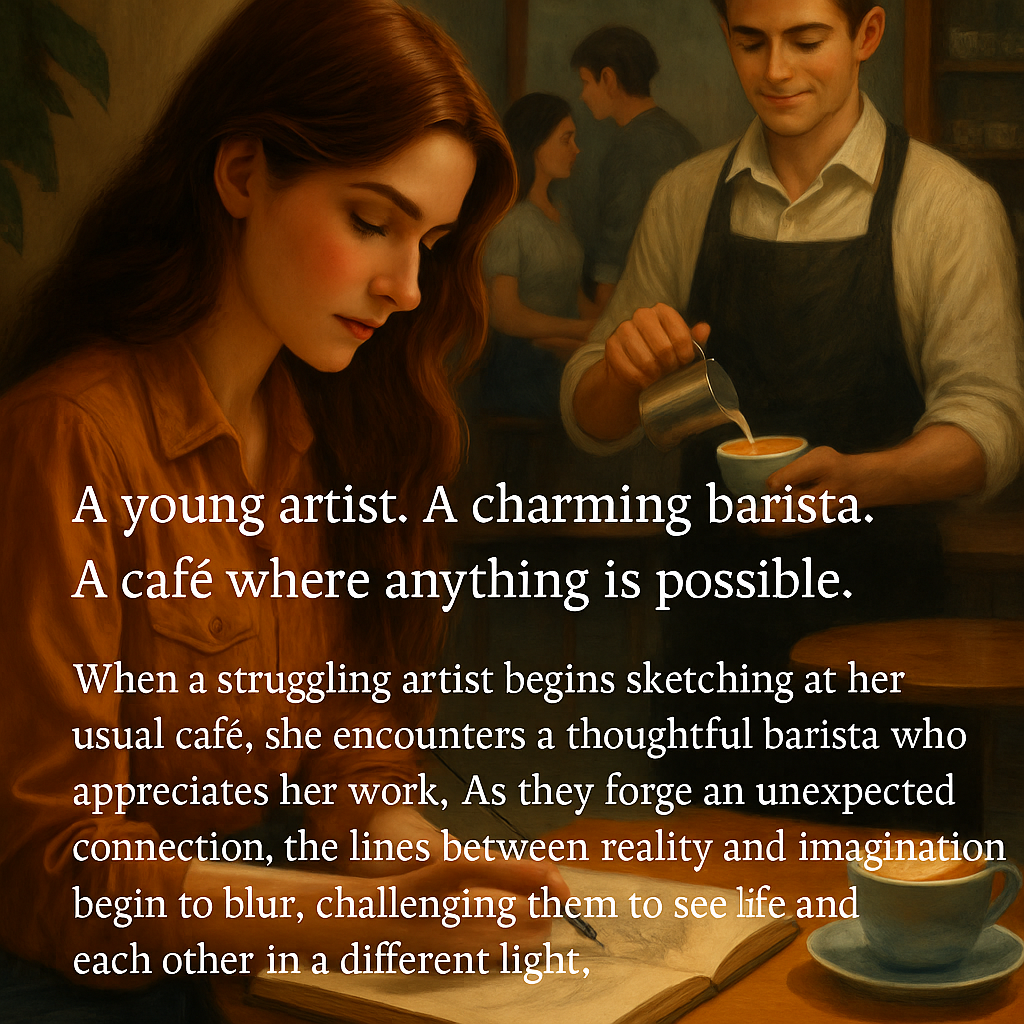 produce me a complementary image for the attached to be used as a back cover. ok now introduce more of a feel for inside the cafe and include a male barista in the image as well as the current character ok now add the following text as the book description -