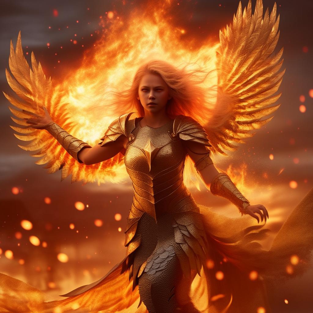 Stunning image of a phoenix girl donned in shimmering gold armour, engulfed in roaring, radiant flames against a twilight backdrop.