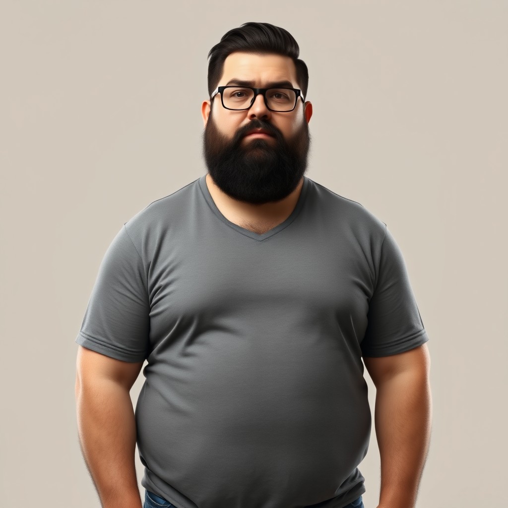 A realistic digital portrait of a man in his early 40s, weighing around 170 kg (375 lbs) and about 1
