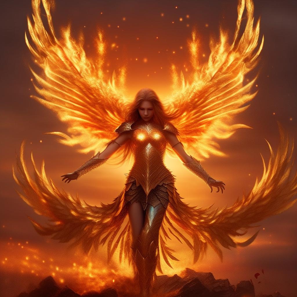 Stunning image of a phoenix girl donned in shimmering gold armour, engulfed in roaring, radiant flames against a twilight backdrop.