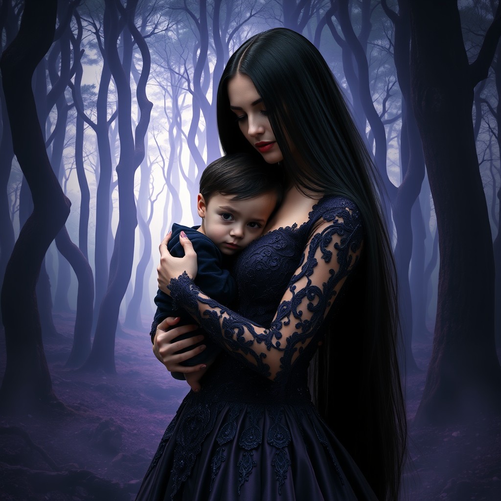 A striking representation of a woman styled exactly like in the second image, featuring long, sleek black hair and adorned in a stunningly detailed dark gown, capturing the essence of elegance and fantasy