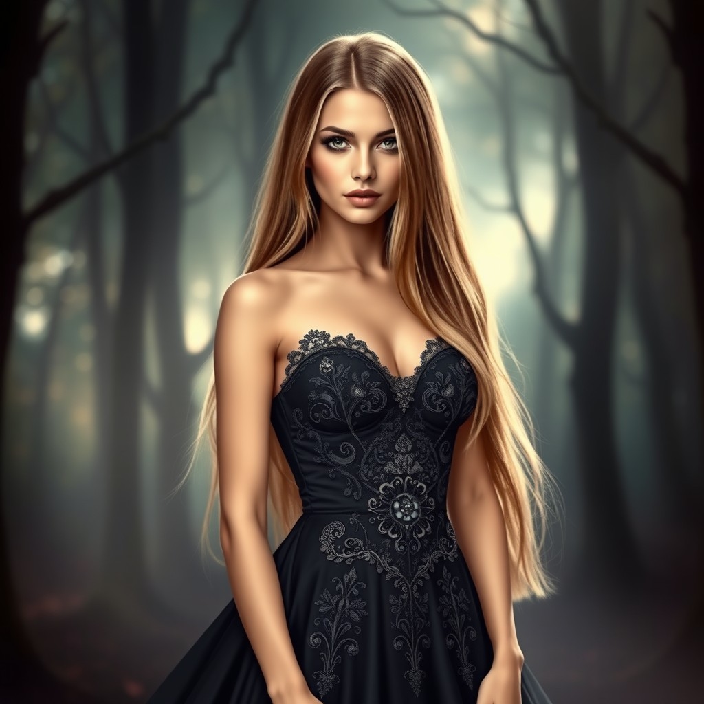 A stunning depiction of a woman closely resembling the character in the second image, showcasing an intricate black gown with elegant lace details and a flowing silhouette