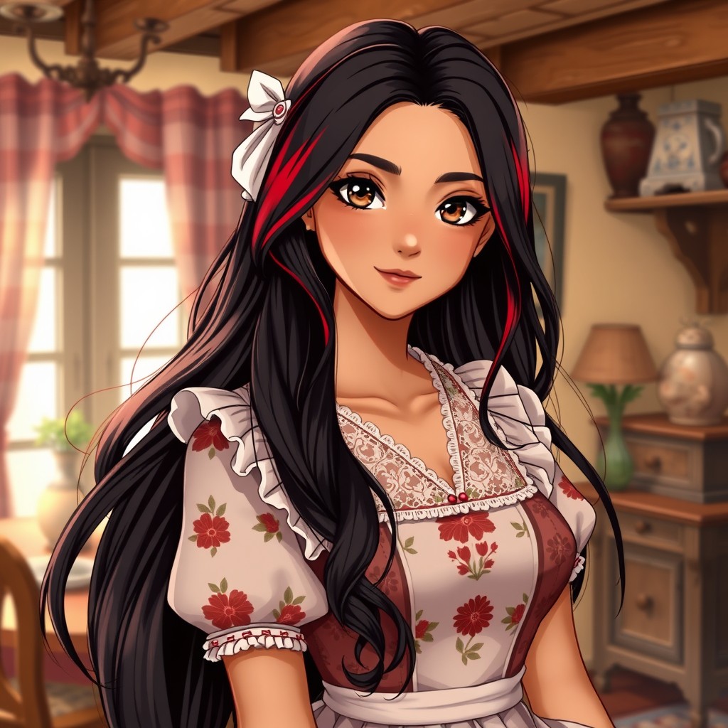 A charismatic Latina with mesmerizing brown eyes and long flowing dark hair featuring striking red highlights, complemented by her slight tan complexion