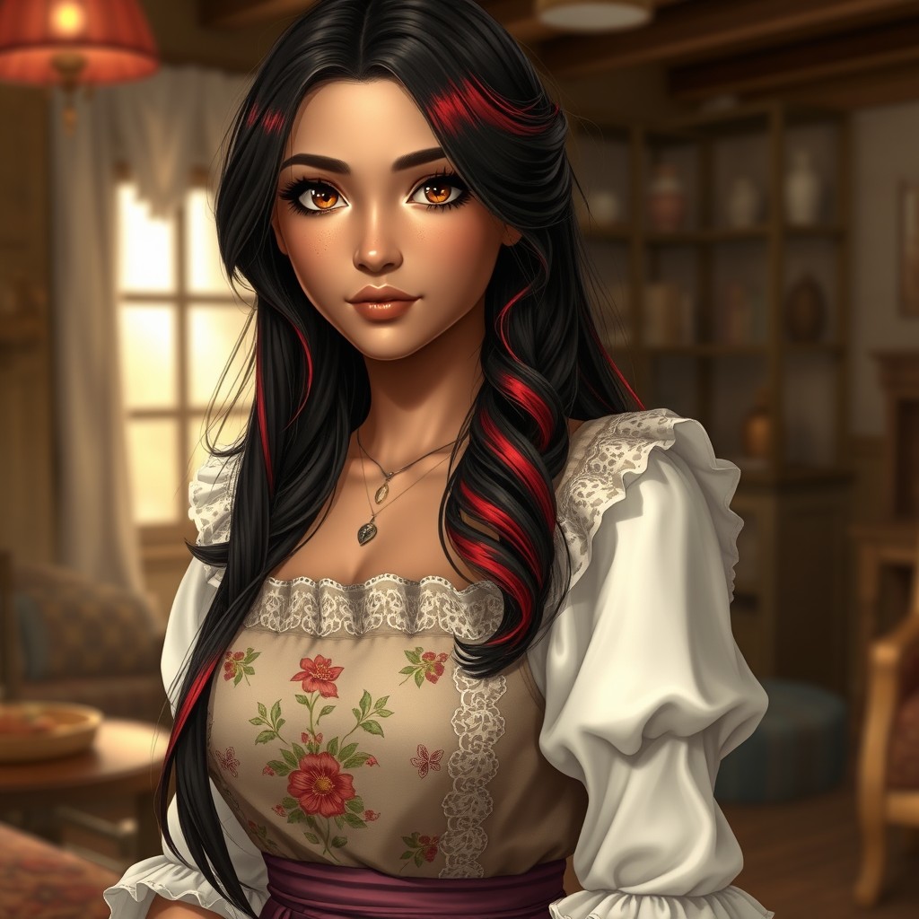 A charismatic Latina with mesmerizing brown eyes and long flowing dark hair accented with vibrant red highlights