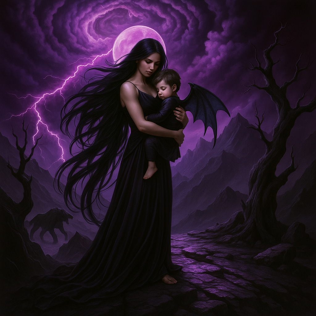 A dark fantasy scene featuring a tall, elegant woman in a flowing black gown, standing on a rocky cliff with a full moon glowing ominously above