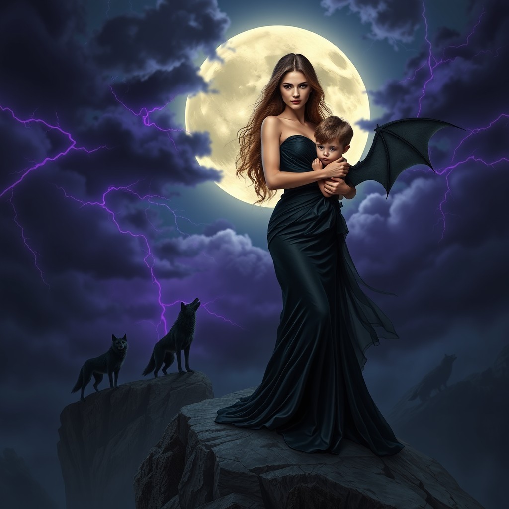 A dark fantasy scene featuring an elegant woman in a beautifully designed black gown, now altered to hug her figure in a flattering way