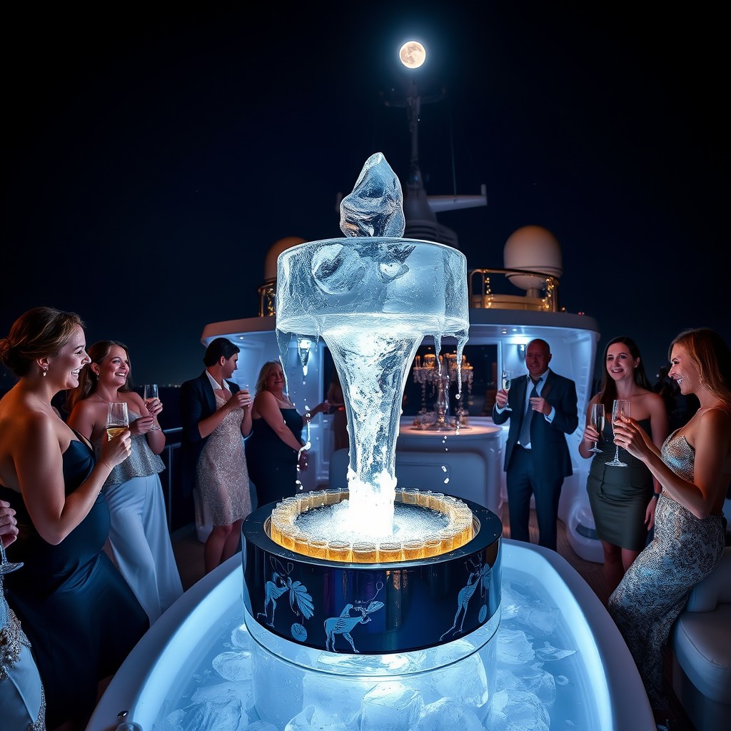 A luxurious yacht party at night, with elegant guests enjoying an ambiance of sophistication