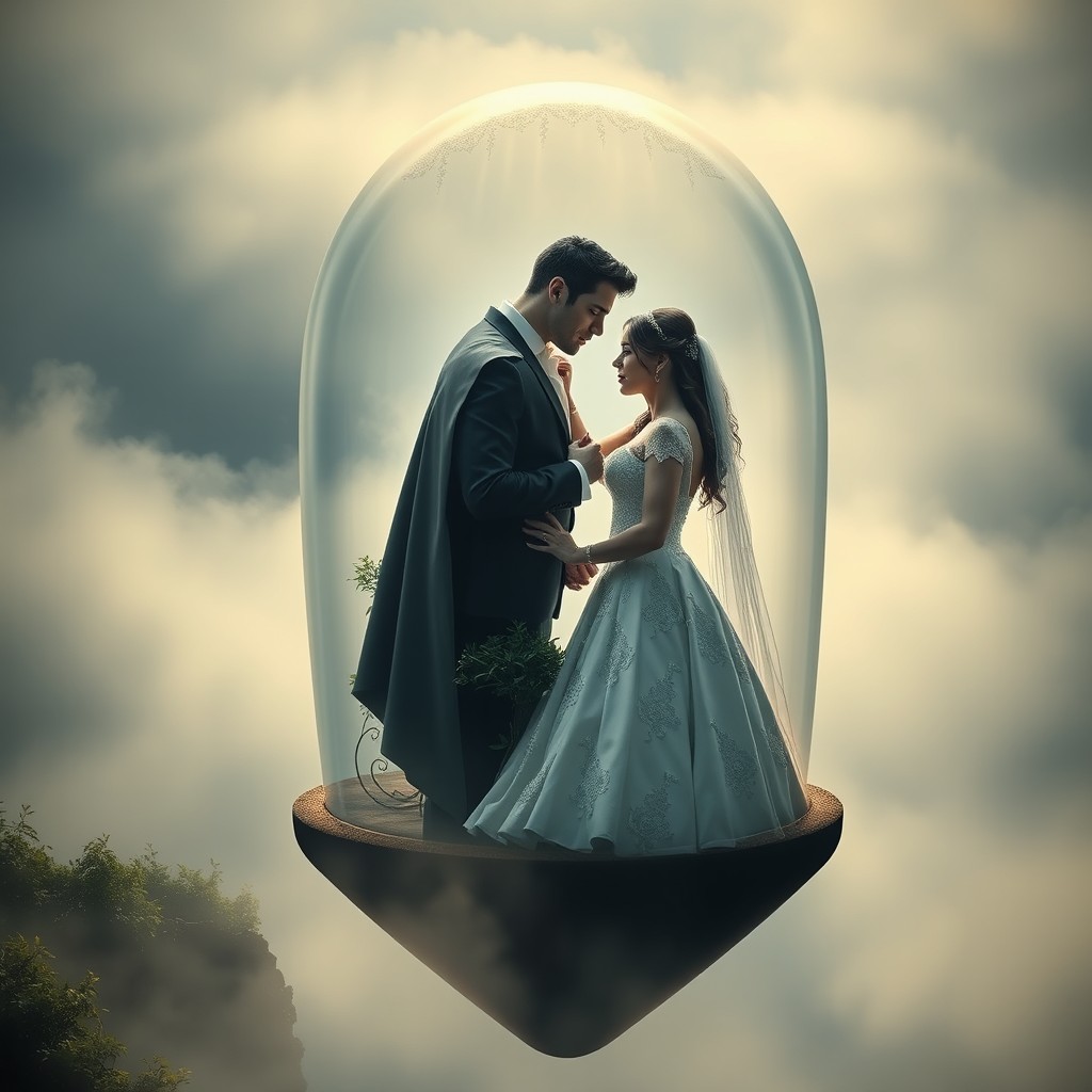 A romantic book cover featuring a couple of vampires inside a floating glass dome on an island