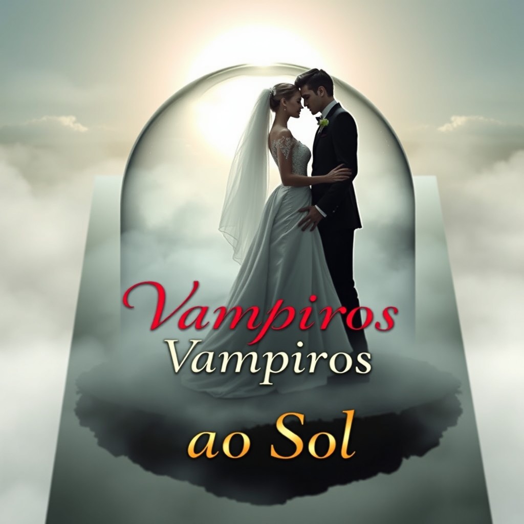 A romantic book cover featuring a couple of vampires, elegantly dressed in wedding attire, standing inside a floating glass dome on a misty island under the sun