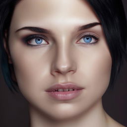 Portrait of a pale-skinned girl with intense blue 'siren' eyes and slicked-back short black hair, making the darkness of her hair starkly contrast with her fair skin.