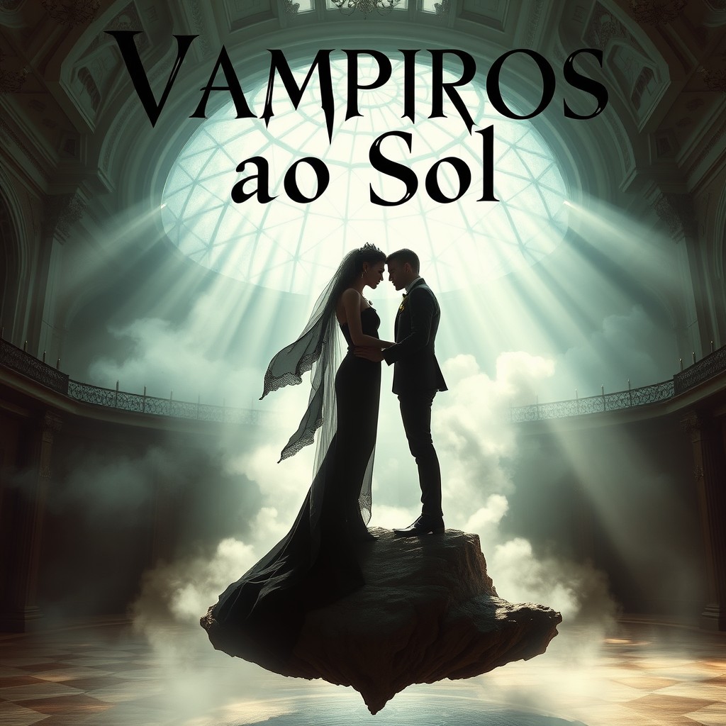 A romantic book cover featuring a couple of vampires dressed in dark wedding attire, standing on a floating island shrouded in mist