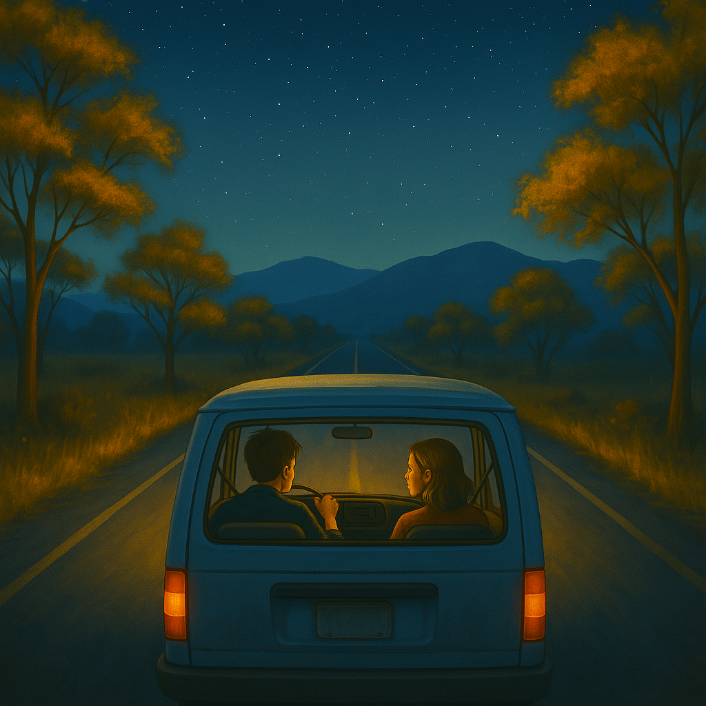 using this concept create me a complementary back cover design for a novel. use the samc colour pallet but change image to reflect travelling on a road trip using the same characters