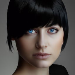 Portrait of a pale-skinned girl with intense blue 'siren' eyes and slicked-back short black hair, making the darkness of her hair starkly contrast with her fair skin.