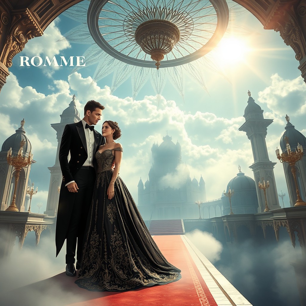 A captivating romance novel cover featuring a pair of vampires in elegant wedding attire, set on a floating island shrouded in mist