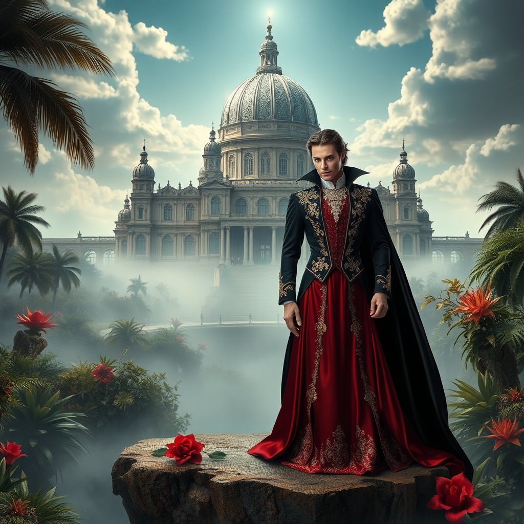 A captivating romance novel cover featuring a charismatic male and an enchanting female vampire, both dressed elegantly for their wedding
