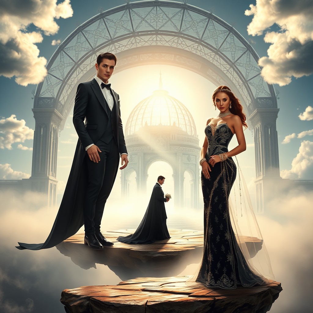 A captivating romance novel cover featuring a handsome vampire man and a beautiful vampire woman, both dressed for a wedding