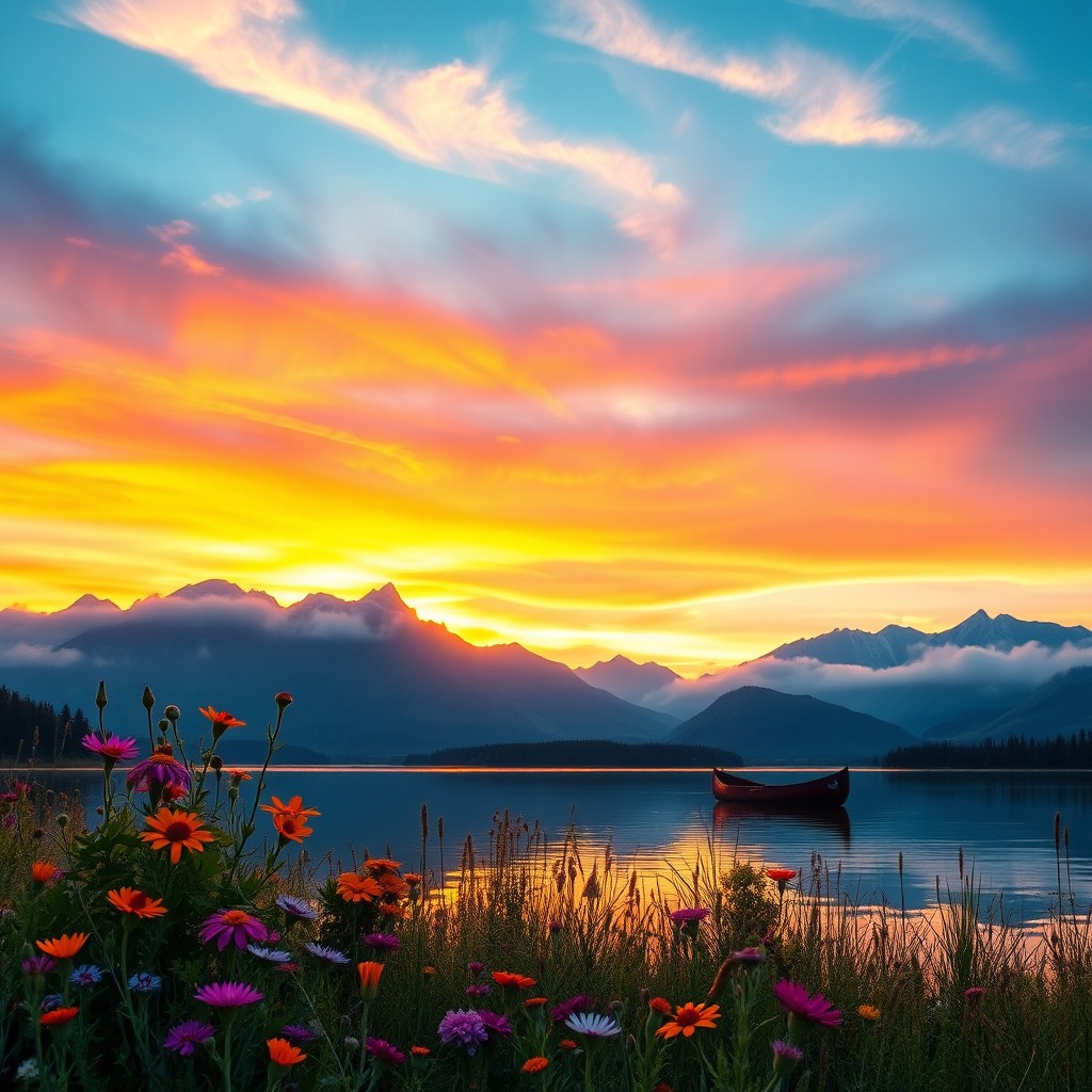 A stunning sunset over a tranquil lake, reflecting the vibrant colors of the sky
