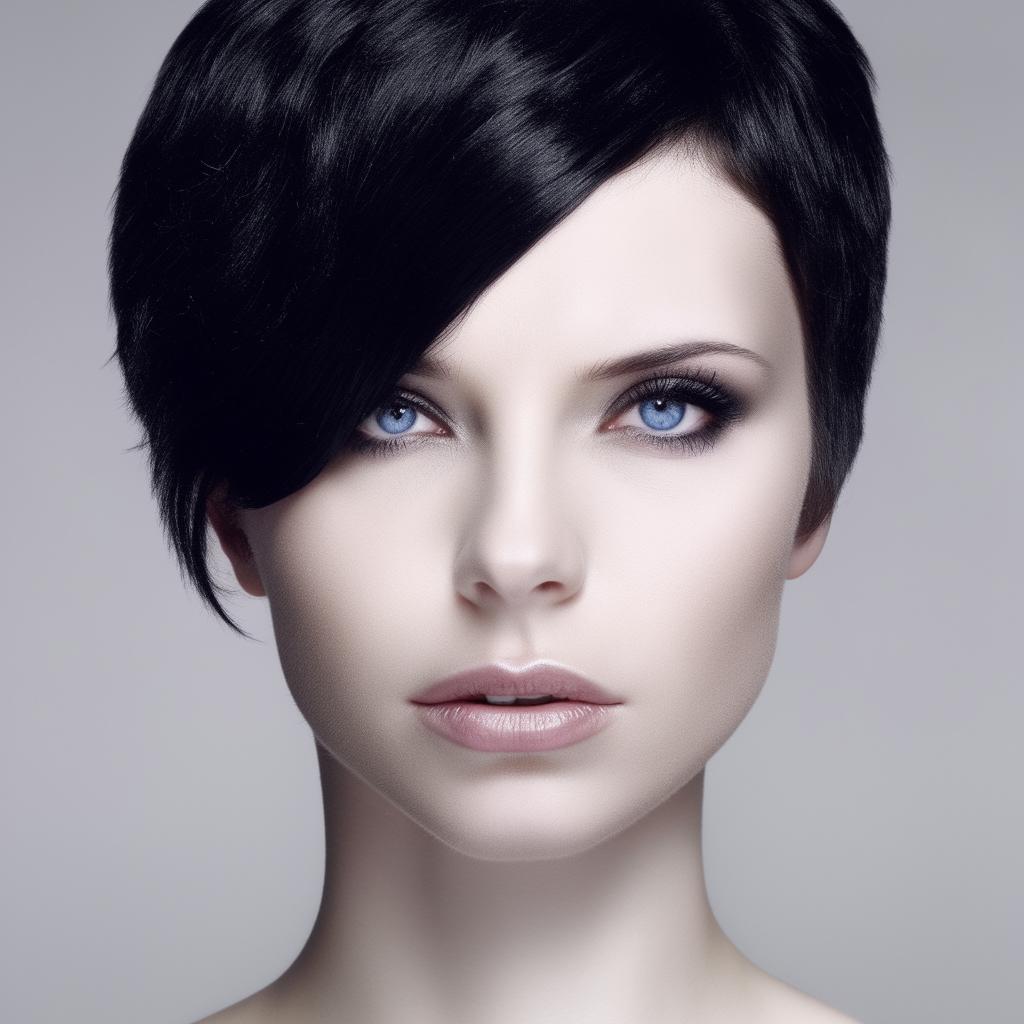 Portrait of a pale-skinned girl with intense blue 'siren' eyes and slicked-back short black hair, making the darkness of her hair starkly contrast with her fair skin.