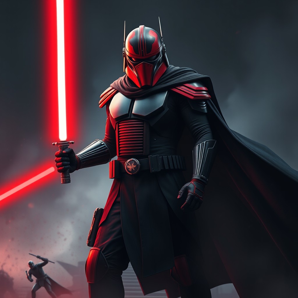An imposing character clad in a striking red and black helmet that commands attention, embodying a fierce warrior spirit