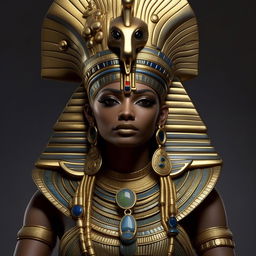 A hyper-realistic rendition of the Egyptian goddess Hathor, adorned in traditional regalia with intricate gold jewelry, her serene expression exuding divine benevolence.