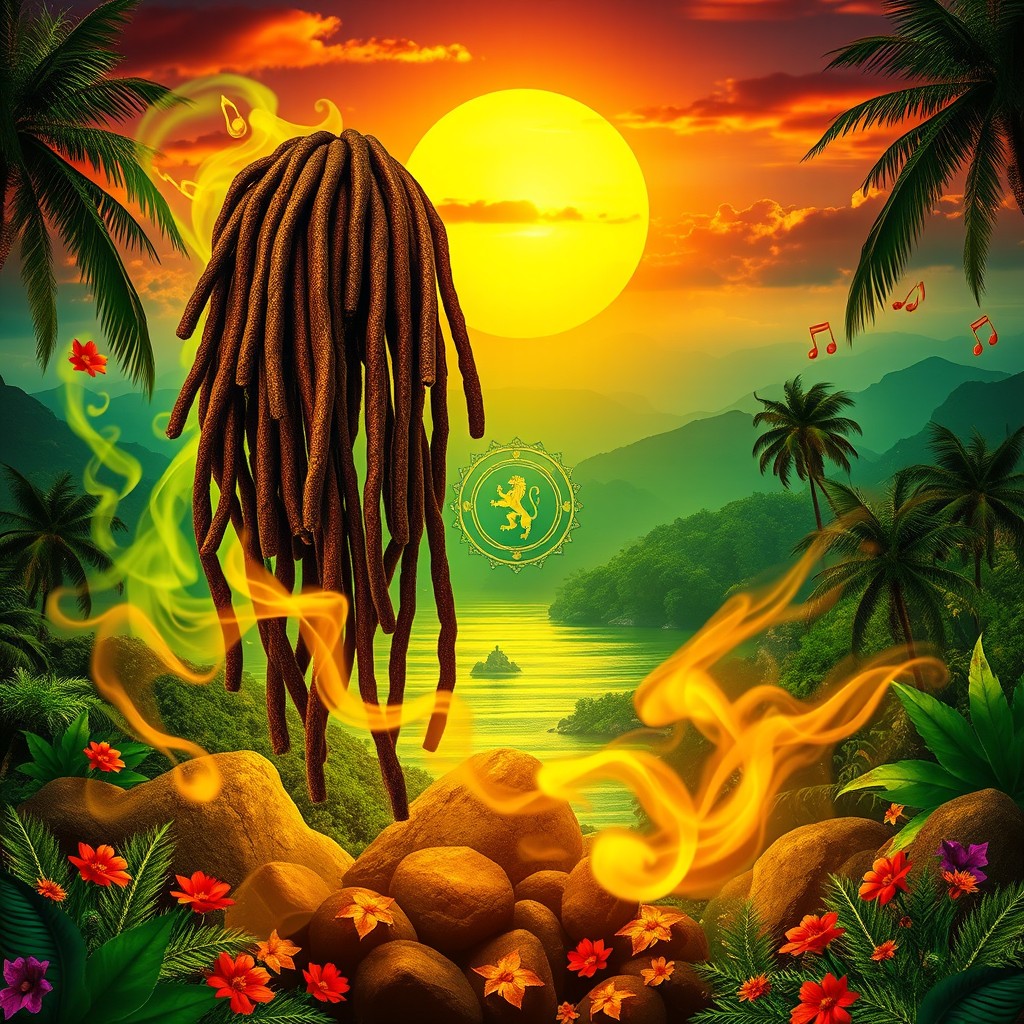 A vibrant and mystical Rastafarian background, infused with rich colors of green, gold, and red representing the Rastafarian flag