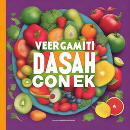 An image of a cookbook titled 'Vegan DASH Diet Cookbook' designed in the style of a high-quality digital art