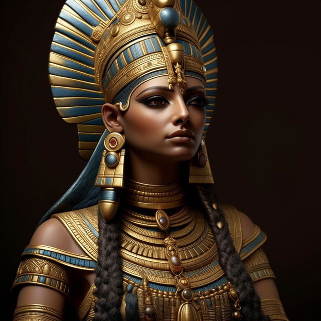 A hyper-realistic rendition of the Egyptian goddess Hathor, adorned in traditional regalia with intricate gold jewelry, her serene expression exuding divine benevolence.