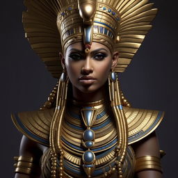 A hyper-realistic rendition of the Egyptian goddess Hathor, adorned in traditional regalia with intricate gold jewelry, her serene expression exuding divine benevolence.