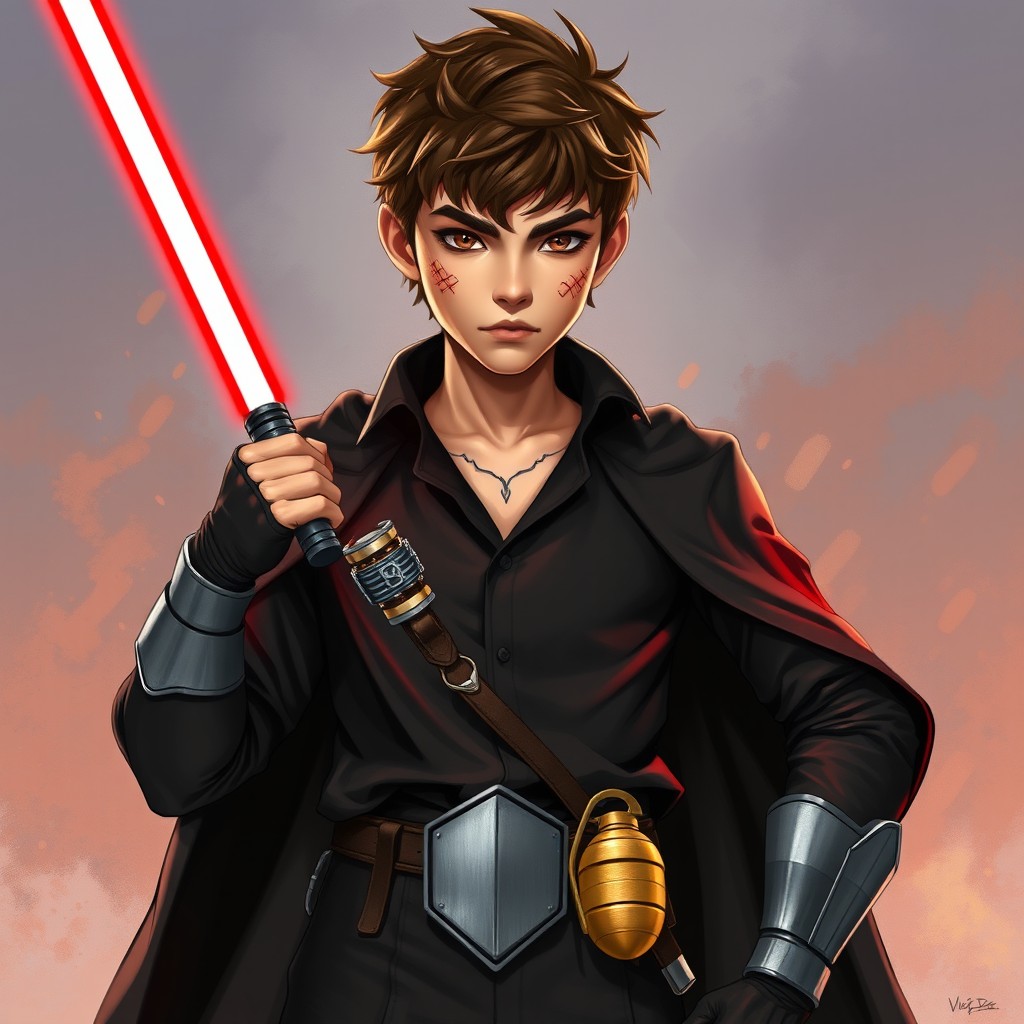 A young and rugged character at 22 years old, featuring peach skin that contrasts sharply with his short brown hair