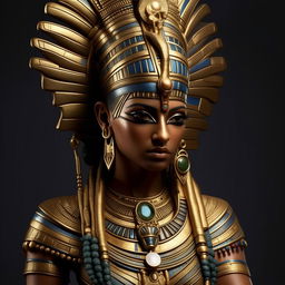 A hyper-realistic rendition of the Egyptian goddess Hathor, adorned in traditional regalia with intricate gold jewelry, her serene expression exuding divine benevolence.