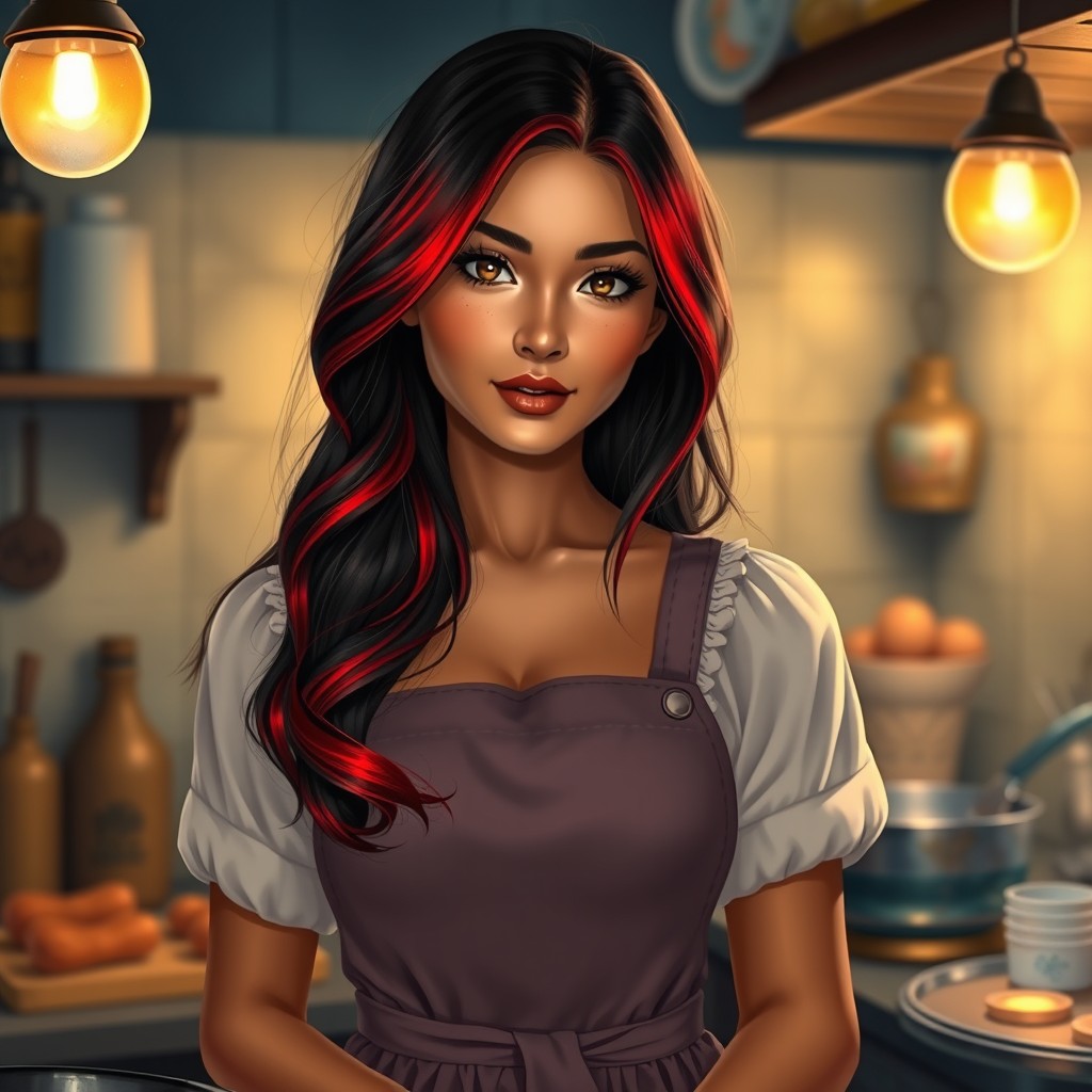 A charismatic Latina woman with mesmerizing brown eyes and long flowing dark hair featuring striking red highlights that beautifully catch the light