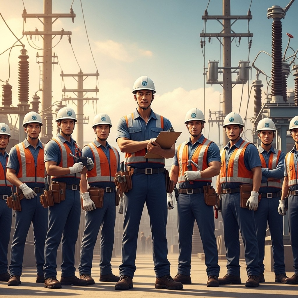 A dynamic group of 12 muscular electric workers standing confidently, with the boss prominently positioned in the center