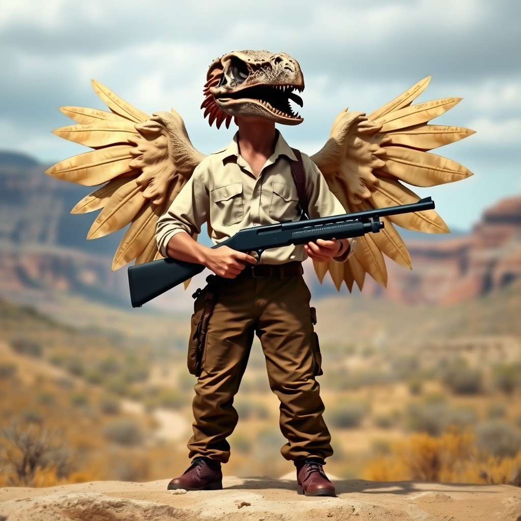 A unique and intriguing character featuring peach skin, their face obscured by a haunting pterodactyl skull mask that conveys an air of mystery and power