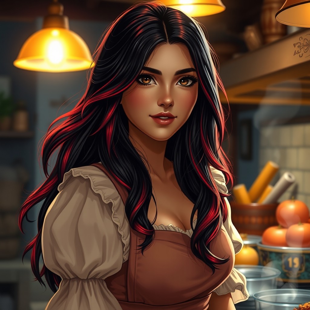 A charismatic Latina woman with mesmerizing brown eyes and long flowing dark hair enhanced with vibrant red highlights that shimmer in the soft light