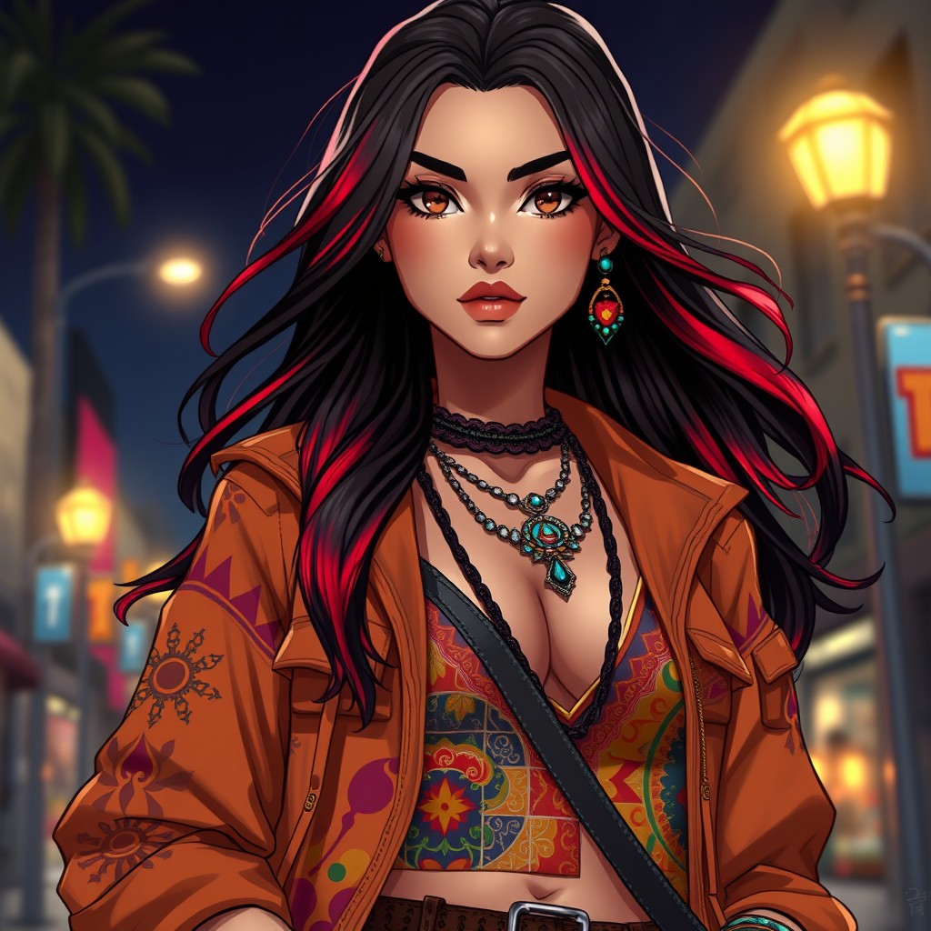 A charismatic Latina woman with mesmerizing brown eyes, long flowing dark hair featuring striking red highlights, and a slight tan complexion