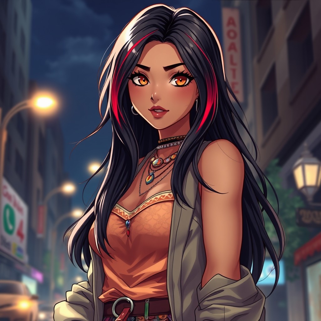 A charismatic Latina woman with mesmerizing brown eyes, long flowing dark hair featuring striking red highlights, and a slight tan complexion