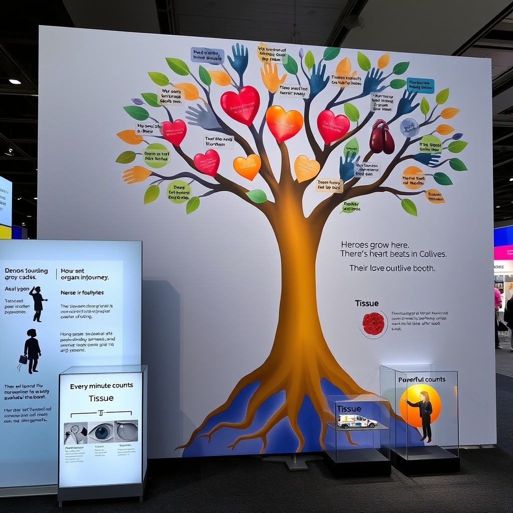 An exhibition backdrop design featuring a large, stylized tree with roots made of interlocking hands symbolizing donors and recipients