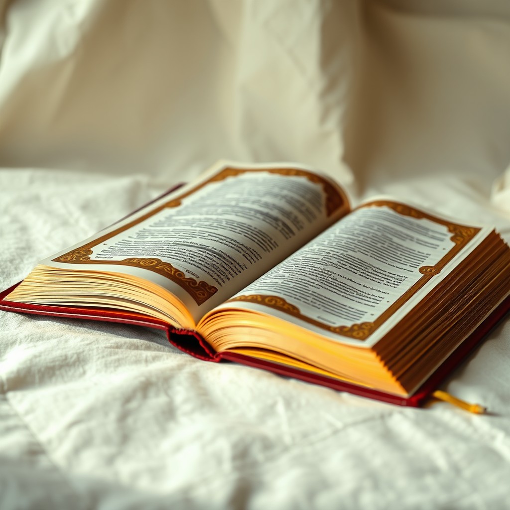 A beautifully illustrated flat Bible lying open, displaying a few pages showing on the side