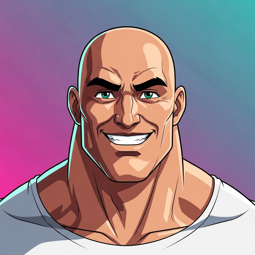 A vibrant cartoon-style animation character focusing only on the facial features of a muscular man with a bald head and a friendly smile