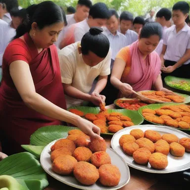 During the religious festival, devotees prepare vegetarian rissoles as an offering to the deity.